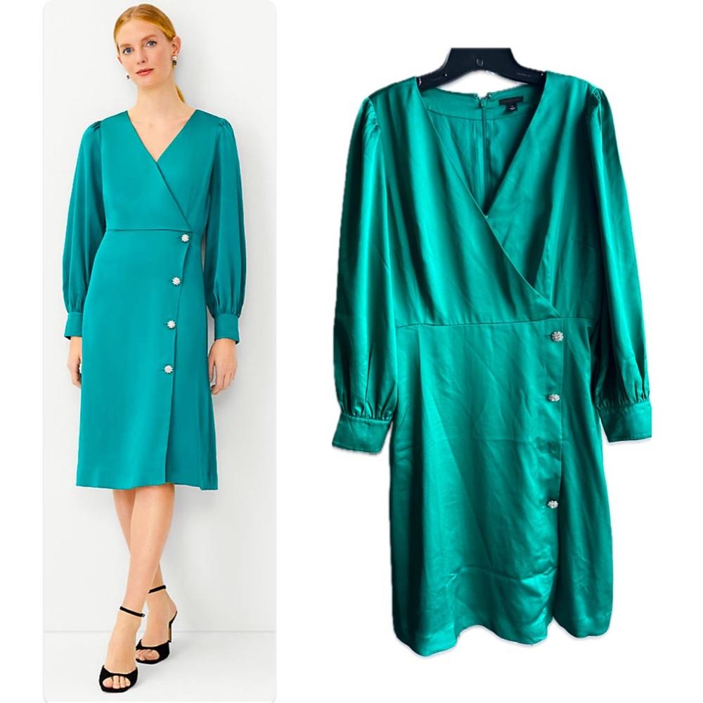 NWOT Ann Taylor Satin Green Crystal Wrap Dress (one missing crystal)